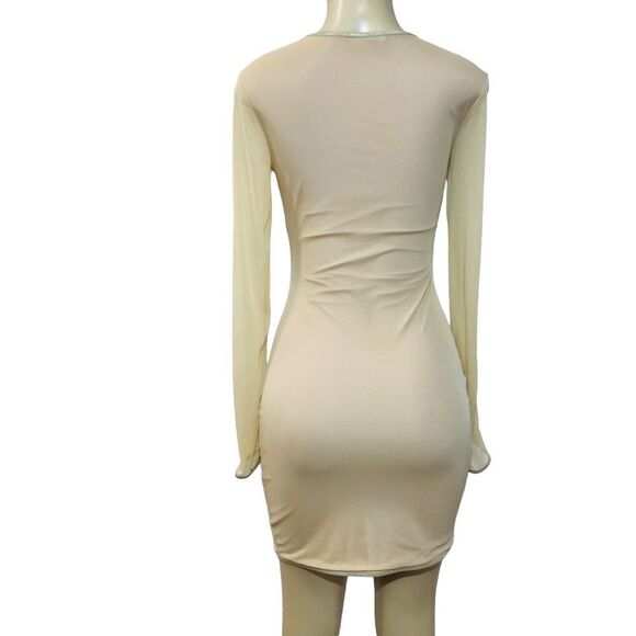 Kora Rae Mesh Beaded Dress Size M Beige Mini Bodycon Long Sleeve Embellished - Picture 2 of 16